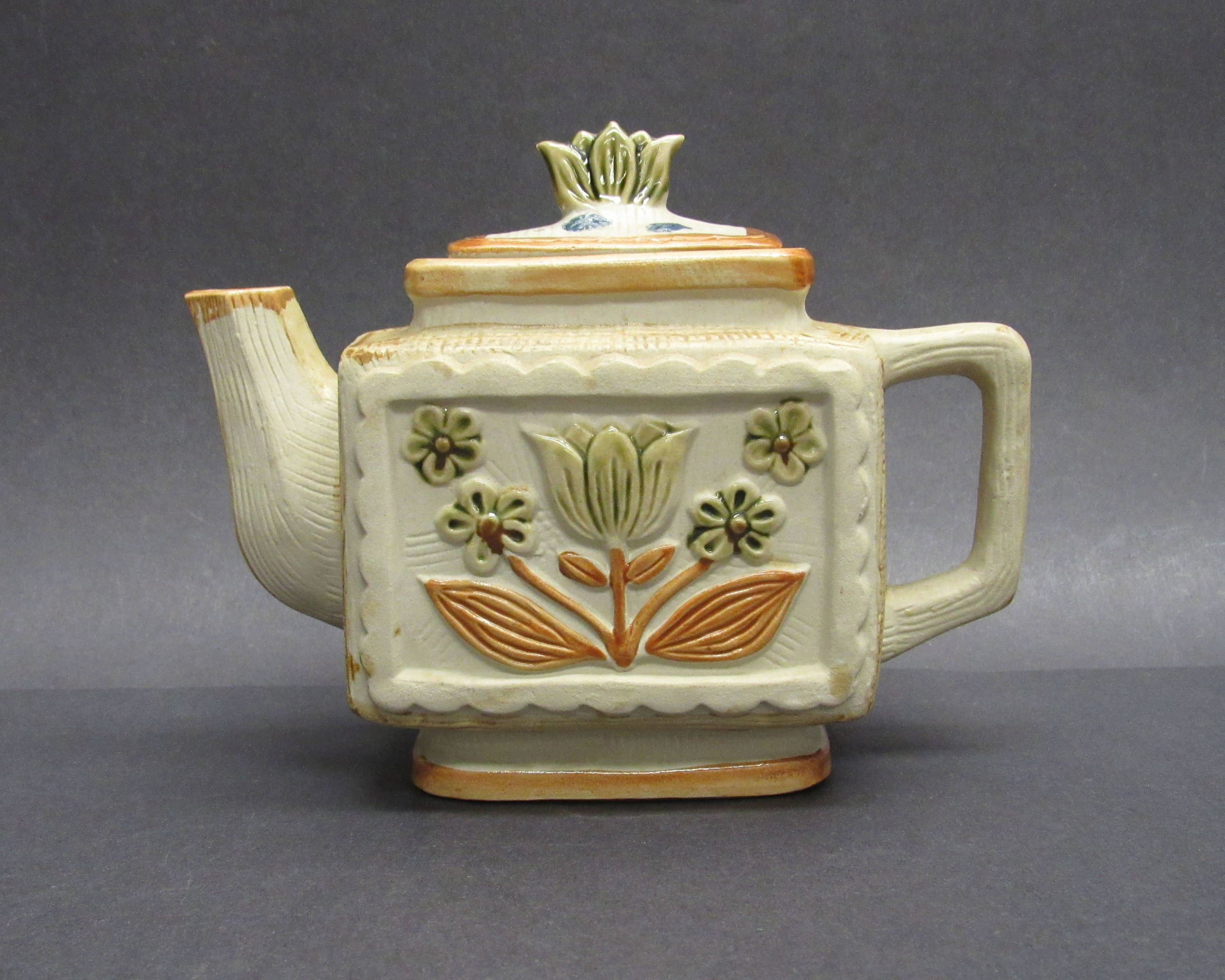 Vintage Square Tea Pot with Green and Brown Mod Tulips E9591 Etsy