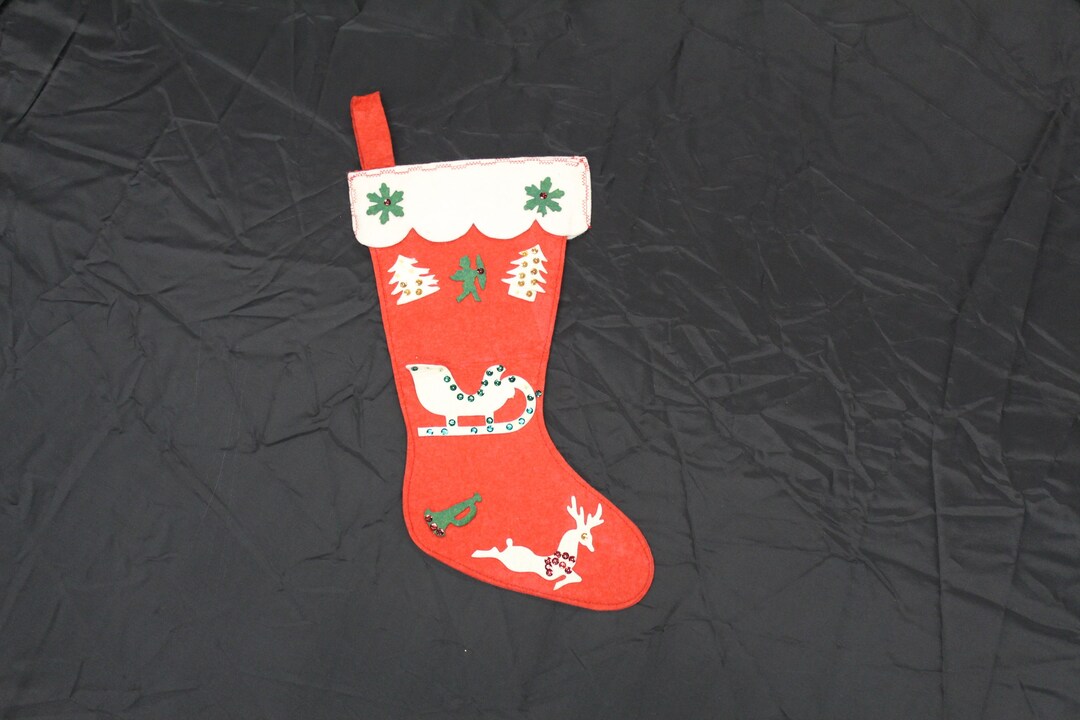 Vintage Felt Christmas Stocking With Sequins Sleigh and Reindeer V4776