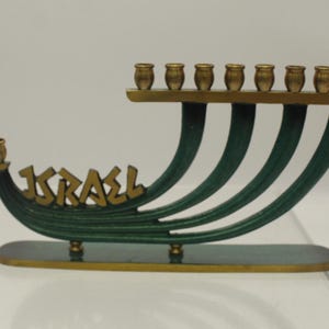 Vintage 1950s Dayegi Signed Enameled Green Brass Menorah (S1421)