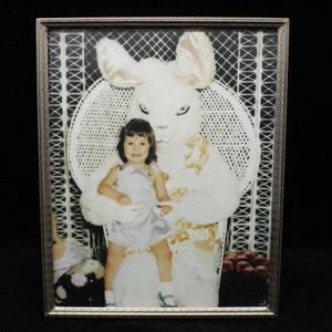 Vintage 8 x 10 Gold Tone Frame Double Diamond Pattern Black Backstand with Easter Bunny (V7406)