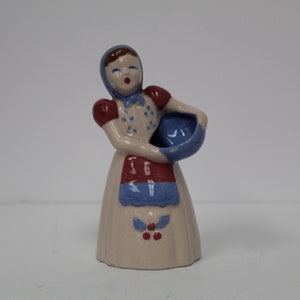 Vintage California Pottery Blue and Peach Maiden Ceramic Figurine with Basket (V6157)
