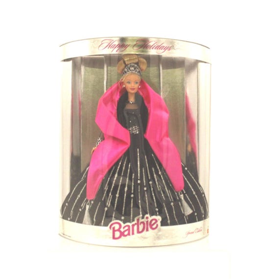Vintage Barbie Holiday 1998 Silver Box Black Dress Pink Sash