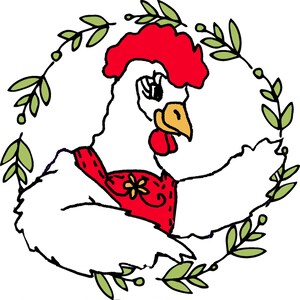 May include: A cartoon illustration of a white hen wearing a red vest with a yellow flower, surrounded by a green leaf wreath. The hen has a red comb and wattle. The text "LittleRedHen.org" is at the bottom.