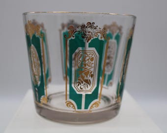Vintage Hazel Atlas 1960's Gold 22k and Teal Glass Ice Bucket (S4486)