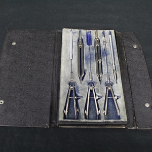 Vintage Mid Century Compass Drafting Set in Blue Velvet Lined Case, 10 Piece Set as is (V850)