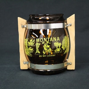 Vintage Large Montana Brown Glass Souvenir  Mug with Two Wood Handles (V1674)
