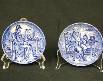 Vintage Enoch Wedgewood Farmer & Peddler Small Blue Set of Two Plates (V5461)