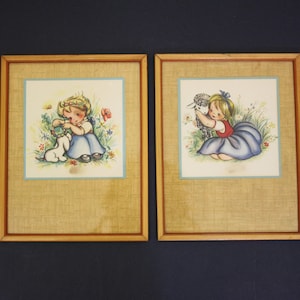 Vintage Girls and Pets Framed Artwork, Set of 2 (E2489)
