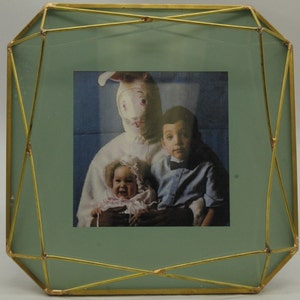 Vintage Cynthia Rowley NY 4x4 Geometric Goldtone Picture Frame with Easter Bunny, Boy, & Baby (V7646)