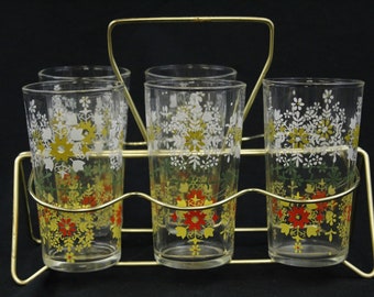 Vintage MCM Yellow and White 10 Oz Glasses Set of Five in Gold Tone Carrier (V6946)