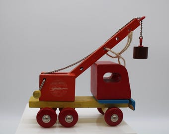 Vintage Heros Wood Magnetic Crane Truck Toy Hermann Rossberg West Germany (S4618)