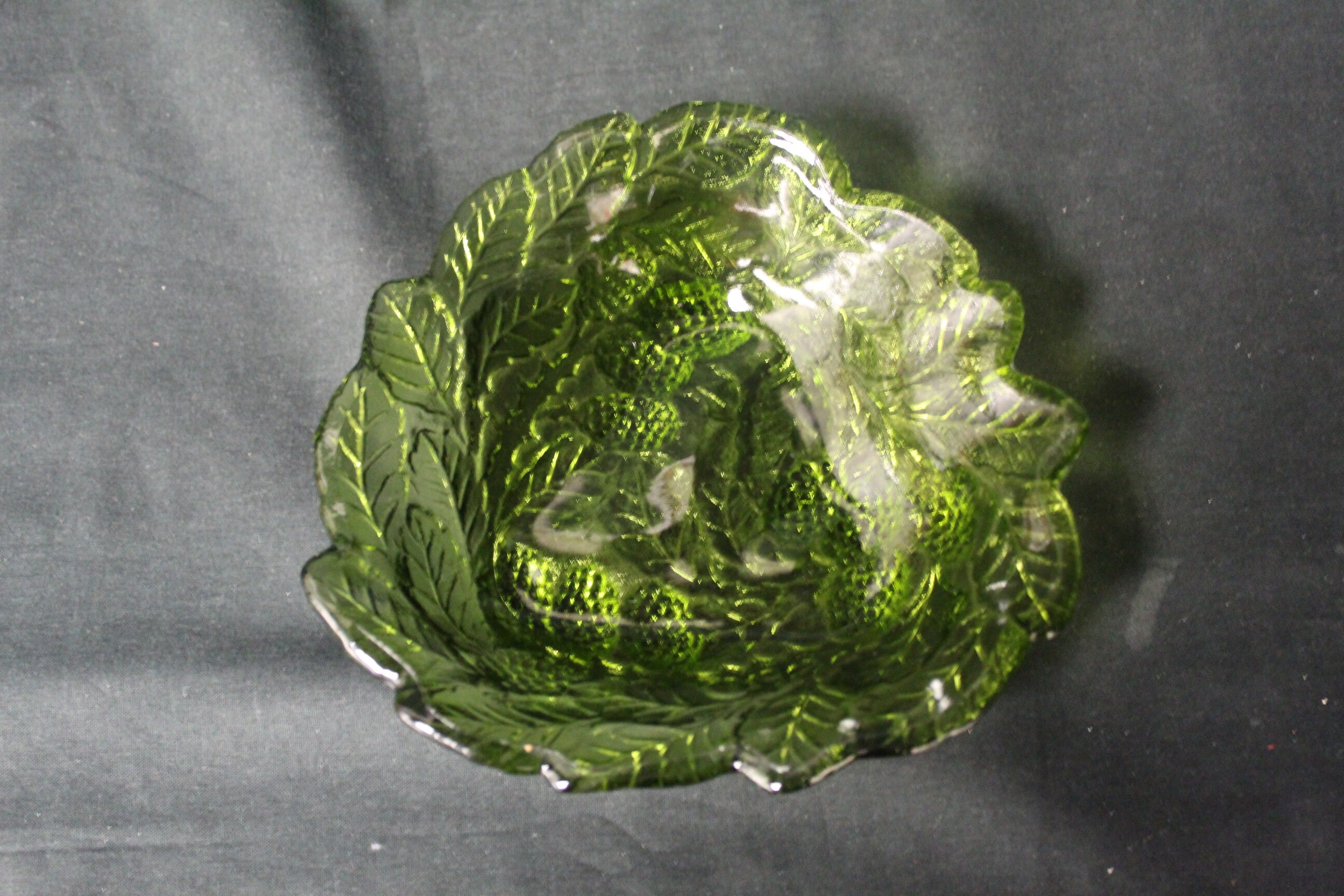 Vintage Pressed Triangular Green Glass Bowl With Grape