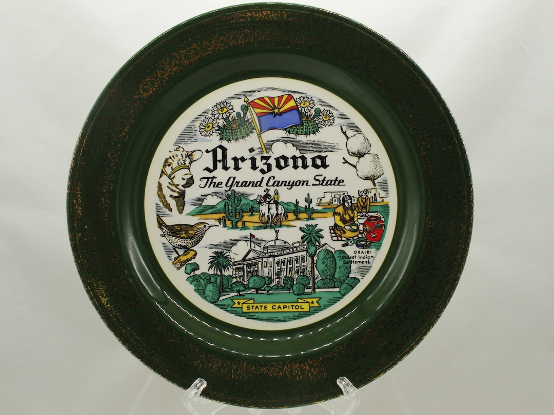 Vintage Homer Laughlin Arizona State Plate Green Border With Gold