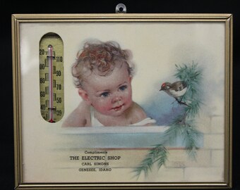 Vintage Idaho 1950’s Baby & Bird Souvenir Electric Advertising Thermometer (V1222)