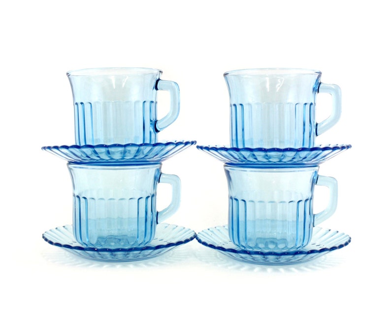 Vintage Fortecrisa Blue Glass Cups & Saucers Set of 4 E5942 Etsy