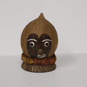 Vintage Coconut Head Tiki Penny Bank with Paper Lei E5430 image 1