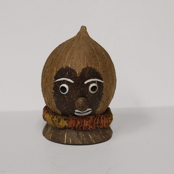 Vintage Coconut Head Tiki Penny Bank with Paper Lei (E5430)