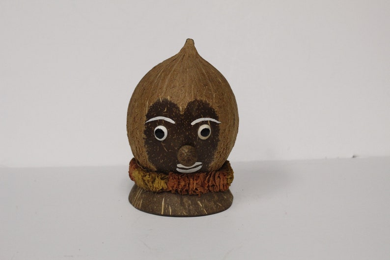 Vintage Coconut Head Tiki Penny Bank with Paper Lei E5430 image 1