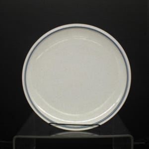 May include: A white ceramic dinner plate with a blue rim. The plate has a speckled glaze.