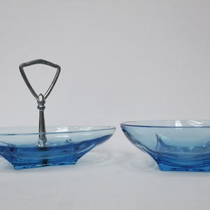 Vintage Hazel Atlas Capri Blue Glass Bowl and Candy Dish with Handle Set of Two (V5987)