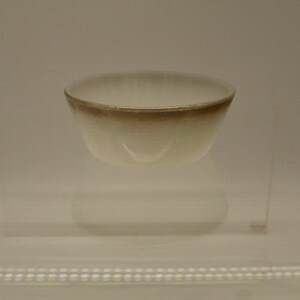 May include: A white ceramic bowl with a brown rim. The bowl is sitting on a clear glass surface.