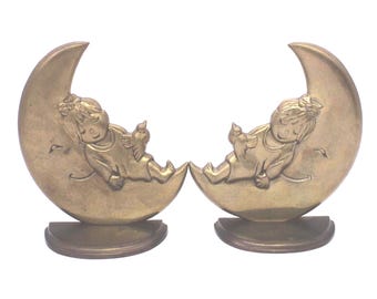 Vintage Moon Girl Sleeping Brass Rare Set of Two Bookends (S2171)