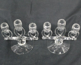 Vintage Heisey Glass 'Lariat' Clear Candelabras for 3 Candles, Set of 2 (V4474)