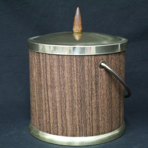 Vintage Faux Bois Wood Grain & Goldtone Metal Ice Bucket with Wood Knob (V1443)