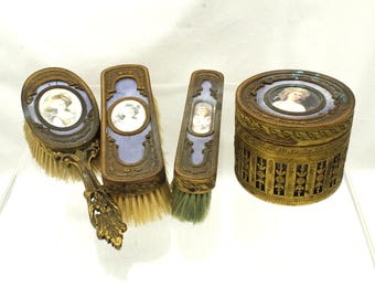 Antique French Guilloche Enamel Vanity Brush: Floral  display picture 1