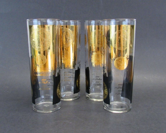 Vintage Black and Gold Coin Mid Century Tom Collins Glasses, Set