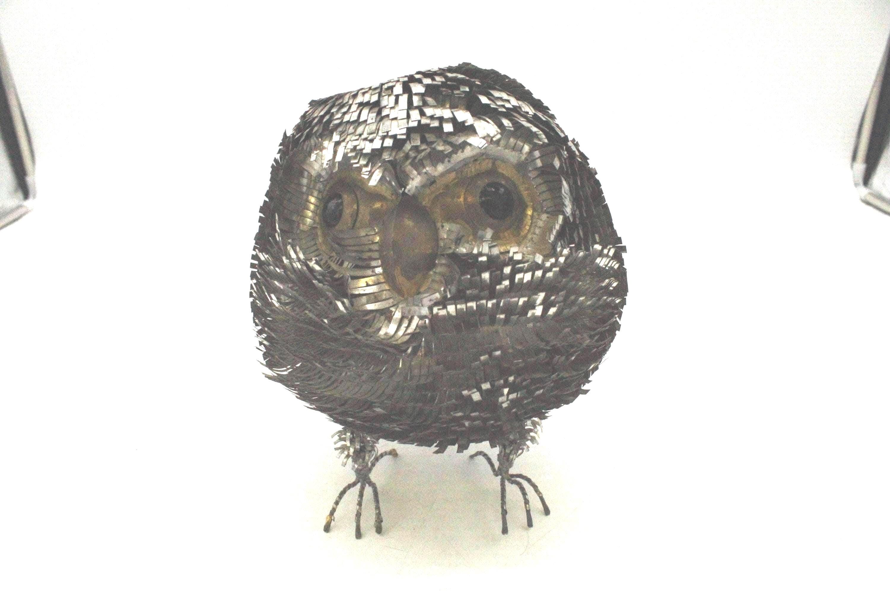 Vintage Sergio Bustamante Brutalist Owl Sculpture MCM Cut Tin and Brass Metal Art (S3918)