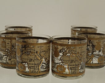 Vintage Mid Century Old World Atlas Map Glass Cups Set of Six (V9582)