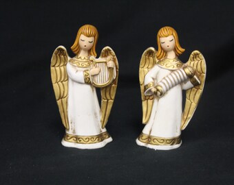 Vintage Paper Mache 1970’s Set Of Two Angels Gold Rings (V2349)