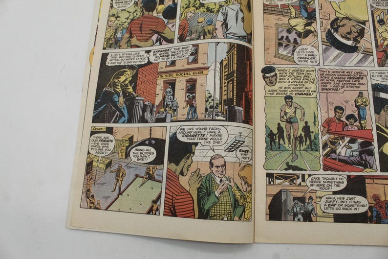 May include: A vintage comic book page with multiple panels. The panels depict scenes with people in various settings, including a social club and outdoor scenes. Text bubbles contain dialogue. The comic book is yellowed with age.