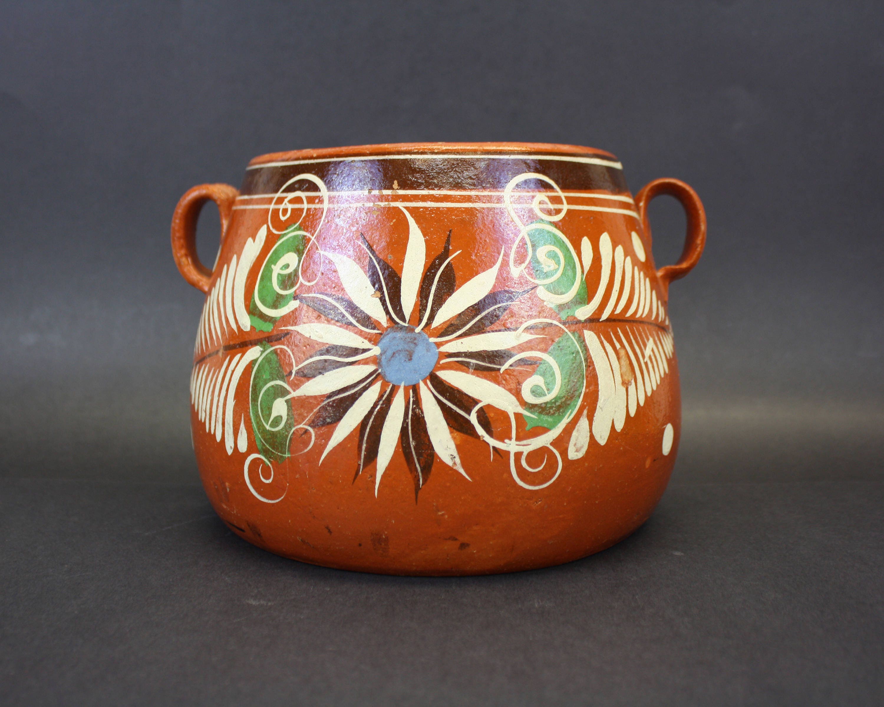 Vintage Pretty Floral Mexican Terra Cotta Pot with Two Handles Etsy