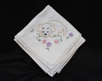 Vintage Sleeping Puppy Hand Embroidered Cotton Kitchen Towel (S4493)