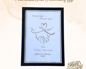 Personalised First Anniversary Gold Foil Print, Framed Wedding Keepsake