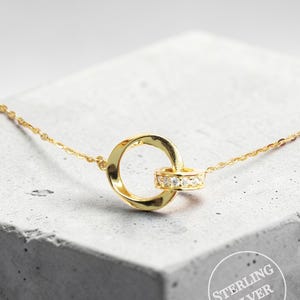 18K Gold Sterling Silver Interlocking Circles Necklace, CZ Pendant, Mother Daughter, Wedding Jewellery