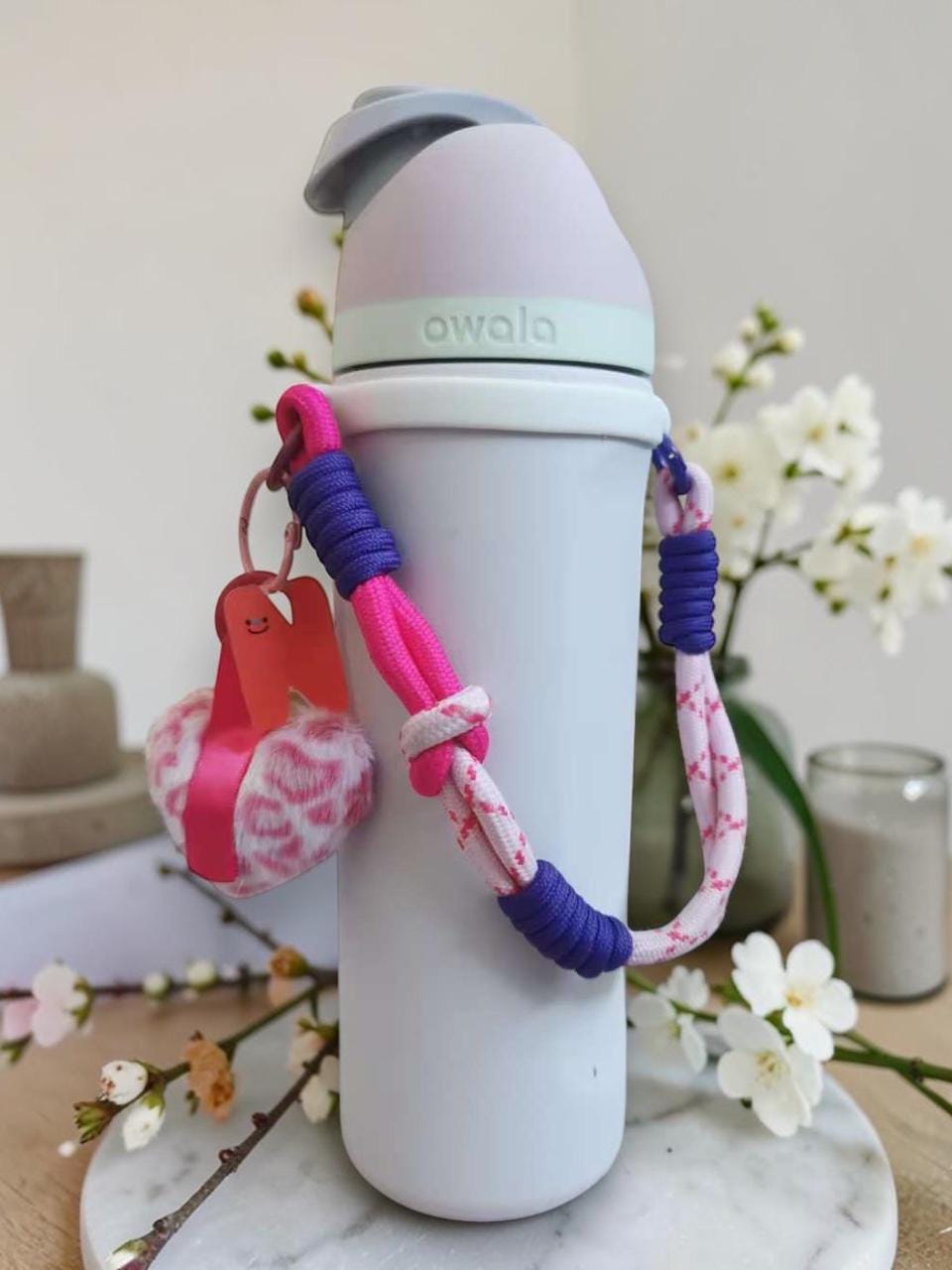 Personalized Water Bottle Carrier for Owala, Stanley, Yeti Paracord Strap with Silicone Ring Custom Initial & Charm