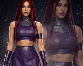 Top corto e gonna in pelle viola, costume da supereroe per cosplay e Halloween al Comic Con.