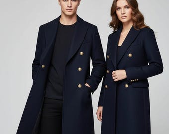 Black Wool Military Long Coat, Double Breasted Naval Overcoat for Men & Women