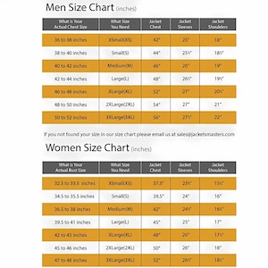 Puede incluir: Una tabla de tallas de chaquetas, con medidas en pulgadas. La tabla incluye tallas de hombre y mujer, detallando medidas de pecho, manga y hombros. Proporciona conversiones de tallas de XS a 3XL. Contacte con sales@jacketsmasters.com.
