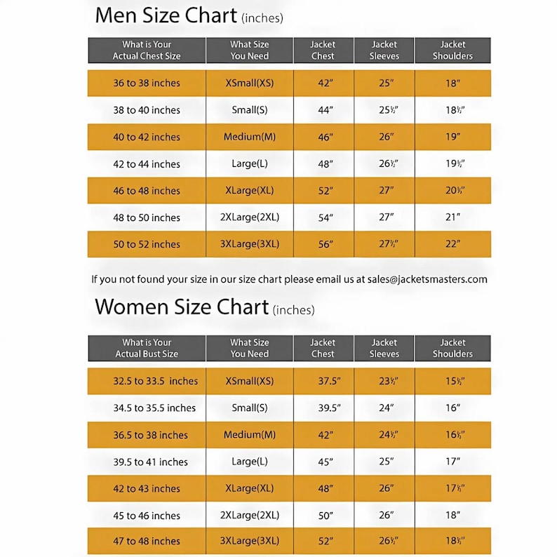 Puede incluir: Una tabla de tallas de chaquetas, con medidas en pulgadas. La tabla incluye tallas de hombre y mujer, detallando medidas de pecho, manga y hombros. Proporciona conversiones de tallas de XS a 3XL. Contacte con sales@jacketsmasters.com.