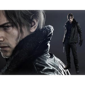 May include: A man in a black leather jacket with a fur collar, black pants, and boots, holding a silver pistol. The image is a promotional shot for a video game or movie.