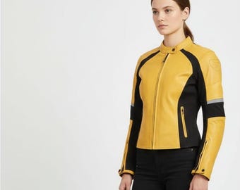 Giacca da motociclista in pelle nera gialla da donna, fatta a mano, autentica giacca da motociclista