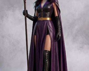 Completo da Regina delle Streghe Viola: mantello con cappuccio in pelle, giacca corta e gonna