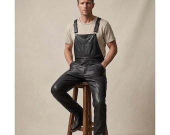 Mens Black Leather Overalls Cowhide Bib Dungaree Motorcycle Workwear Pants