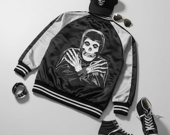 Giacca bomber in raso nero e argento – Punk Skull Varsity Cosplay, unisex Halloween