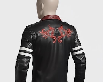 Chaqueta de cuero prototipo de Alex Mercer con bordado de dragón rojo, cosplay de gamer