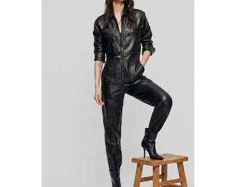 Women's Black Leather Jumpsuit Handmade Lambskin Romper Clubwear Festival Outfit